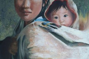 Acrylique - Femme asiatique et enfant sur le dos
