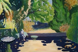 Huile - Homme sur un banc dans le jardin